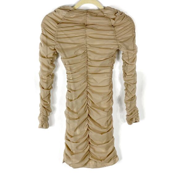 Michael Costello Franky Mini Dress Taupe Tan Ruched Long Sleeves Sz S - Picture 11 of 11